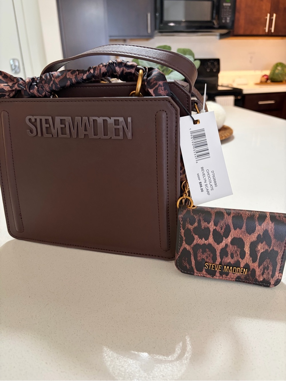 Steve Madden Brown Satchel with Leopard-Print Card Case